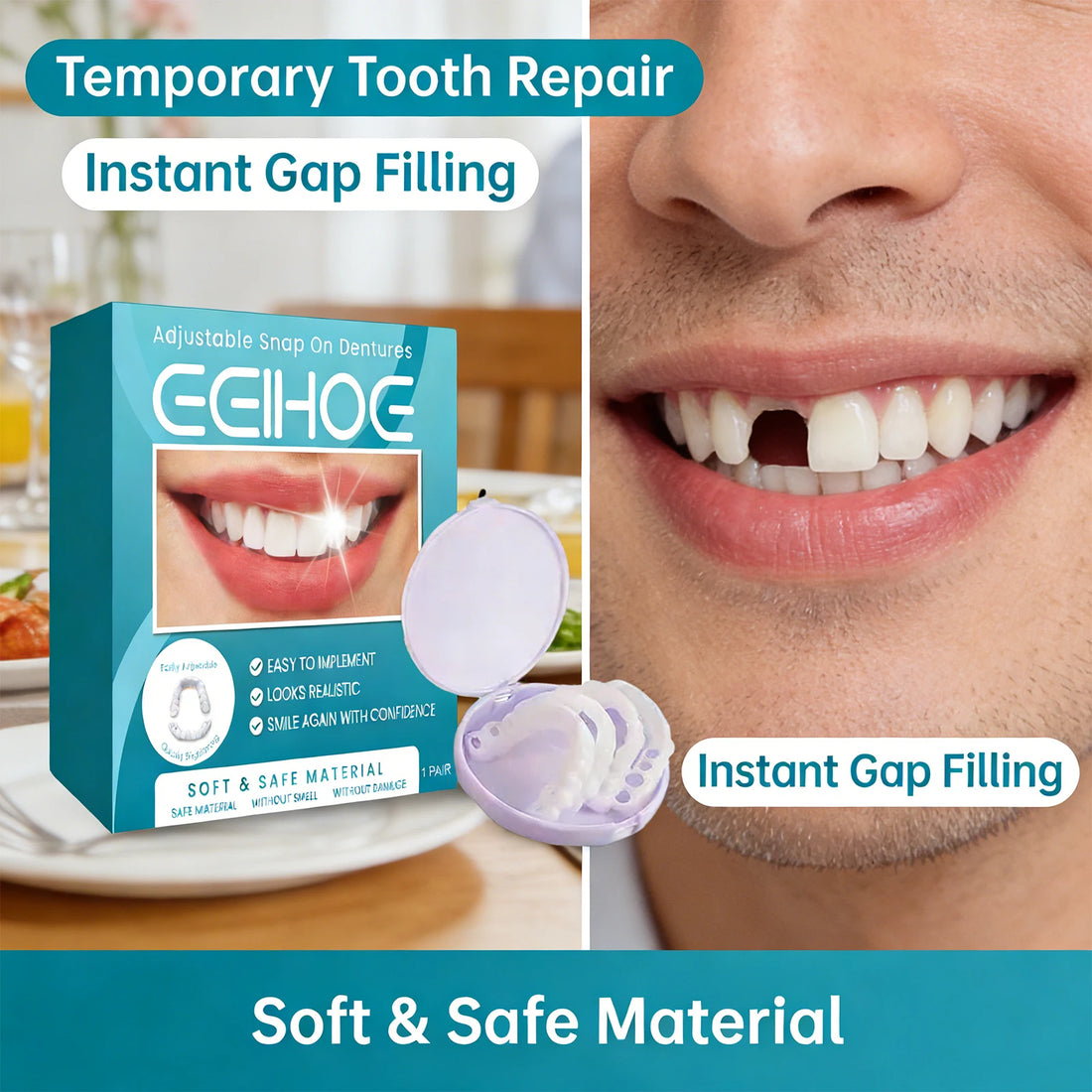 Adjustable Snap on Dentures Help Cover up Dirty Plaque Soft Comfortable Material Natural Tooth Color Adjustable Buckle Dentures